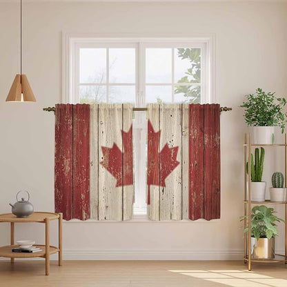 Canada Kitchen Curtains, Red Maple Leaf Flag Vintage Farmhouse Wooden Grain Light Filtering Window Curtain Panels, 2Pcs Rod Pocket Window Treatments Set for Study Room Bathroom Bedroom 52x54 Inches