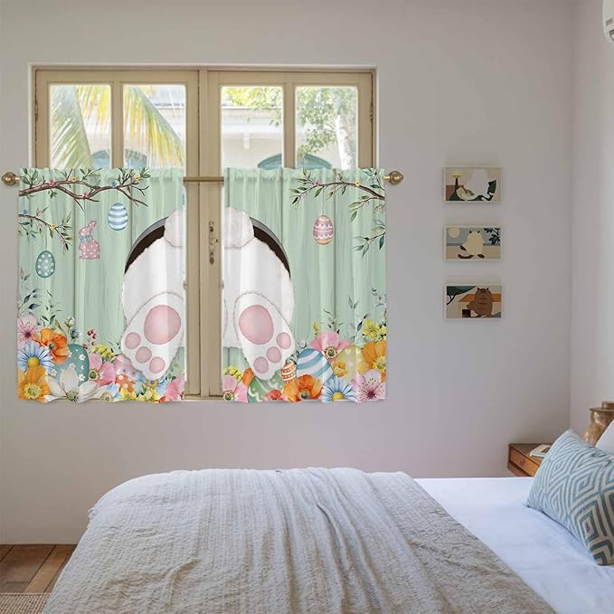 Easter Kitchen Curtains 45 Inch Long 2 Panel Set, Rod Pocket Window Treatment, Spring Watercolor Bunny Eggs Wooden Grain Green Light Filtering Short Curtains & Drapes for Bathroom Laundry 52"W x 45"L