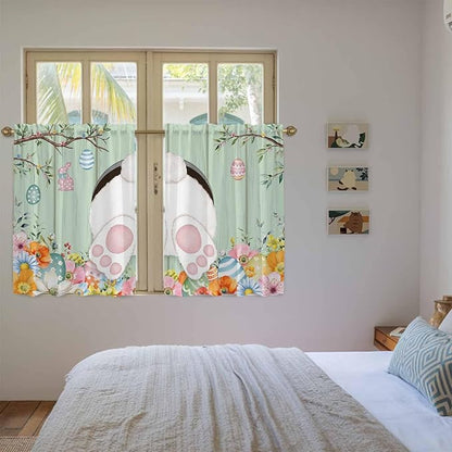 Easter Kitchen Tier Curtains 45 Inch Long 2 Panel Set,Rod Pocket Short Window Treatment,Spring Watercolor Bunny Eggs Wooden Grain Green Light Filtering Curtains & Drapes for Bathroom 27.5"W x 45"L
