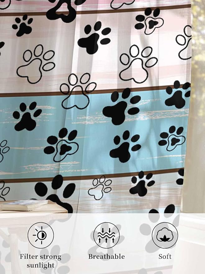 Sheer Curtains 72 Inches Long, Blue Pink Dog Paws Prints Semi Sheer Curtains Light Filtering Window Treatment, Farmhouse Beige Wood Privacy Voile Drapes for Living Room Bedroom 52x72 Inch