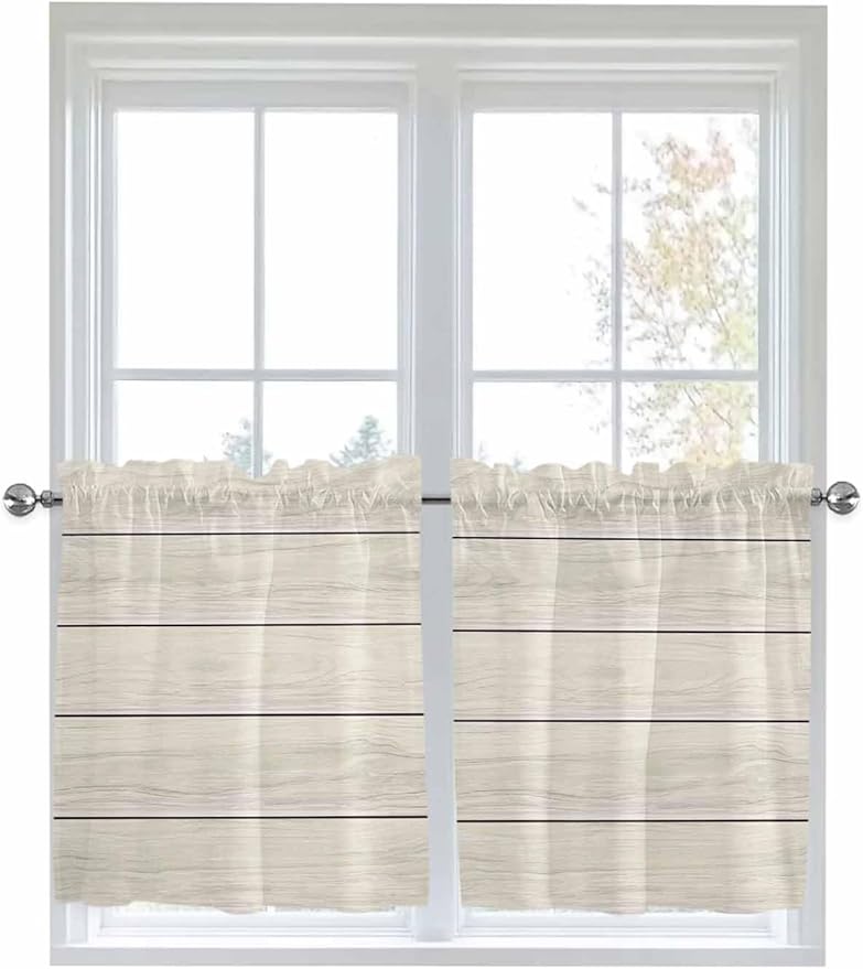 Vintage Country Wooden Board Window Valance Curtains, Gradient Wood Grain Line Light Filtering Kitchen Valance with 3-inch Rod Pocket for Living Room Bathroom Bedroom,2 Panel,27.5x36In