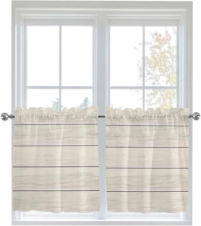 Vintage Country Wooden Board Window Valance Curtains, Gradient Wood Grain Line Light Filtering Kitchen Valance with 3-inch Rod Pocket for Living Room Bathroom Bedroom,2 Panel,27.5x36In