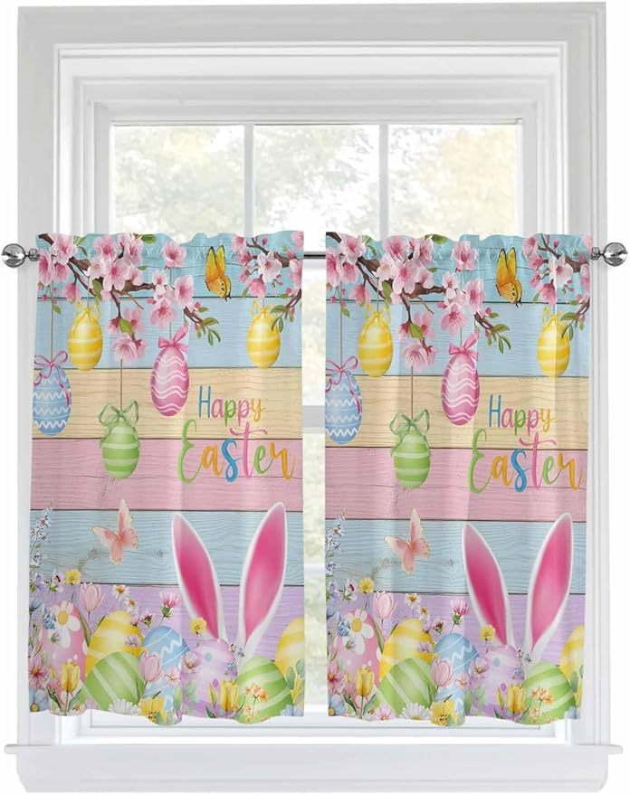 Colorful Easter Kitchen Curtains 54 Inches length, Spring Watercolor Bunny Egg Flower Wood Grain Window Treatment Curtain Drapes, Thermal Insulated Drapes for Basement Hotel RV, 42"x54", 2 Panels