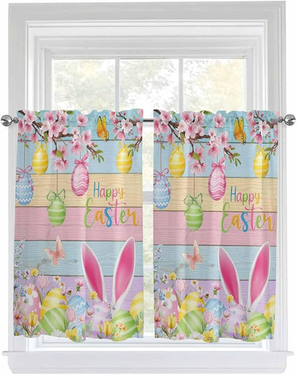 Colorful Easter Kitchen Curtains 54 Inches length, Spring Watercolor Bunny Egg Flower Wood Grain Window Treatment Curtain Drapes, Thermal Insulated Drapes for Basement Hotel RV, 42"x54", 2 Panels