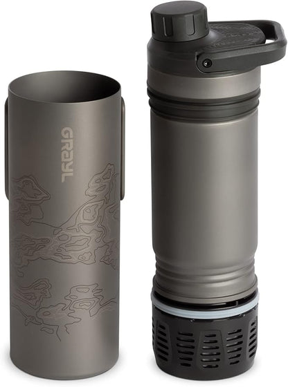GRAYL UltraPress Titanium 16.9 oz Water Purifier & Filter Bottle for Hiking, Backpacking, Survival, Bushcraft, Travel (Covert Black)