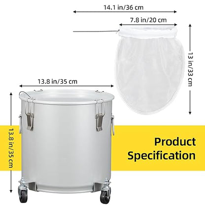 PioneerWorks Fryer Grease Bucket 8 Gal, Coated Carbon Steel Oil Filter Pot with Caster Base, Oil Disposal Caddy, Transport Container with Lid Lock Clip Nylon Filter Bag, Silver