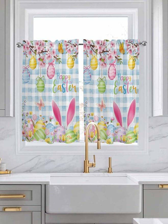 Happy Easter Tier Curtains 45 Inches Long, Spring Watercolor Bunny Eggs Flower Blue Plaid Window Treatment Curtain Drapes, Small Curtain Drapes for Bathroom Laundry Room, 27.5"x45", 2 Panels