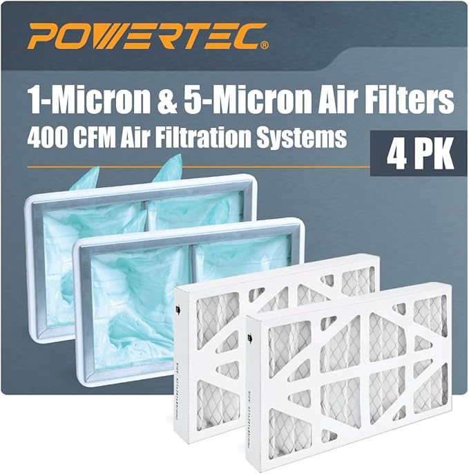 POWERTEC Inner & Outer Air Filters for WEN 3410, POWERTEC AF4000/AF4001, Shop Fox W1830 Air Filtration System, Replacement for WEN 90243-026-2, 90243-027-2 Woodworking Air Filters, 4PK (75065)