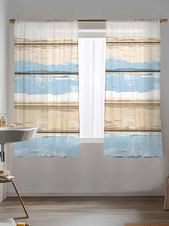 Sheer Curtains 63 Inch Length, Vintage Geometric Blue Semi Sheer Curtains Light Filtering Window Treatment, Abstract Country Shabby Wood Grain Privacy Voile Drapes for Living Room Bedroom 52x63 Inch