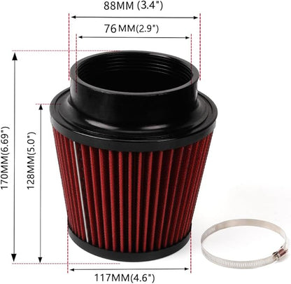 Red 3" 76mm Inlet Cone Replacement Dry Air Filter High Flow Car Performance Cold Air Intake Filter