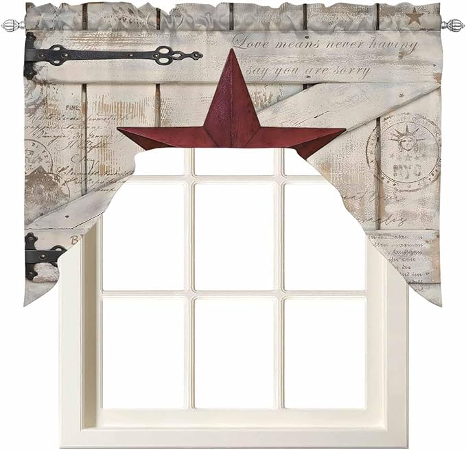Village Stars Swag Kitchen Curtains Valance and Tier Set, Vintage Dark Red Star Beige Barn Doors Light-Filtering Swag Valance, Rod Pocket Short Curtain for Bedroom Cafe, 56x36 inches
