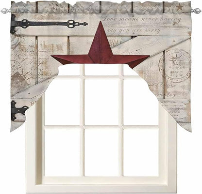 Village Stars Swag Kitchen Curtains Valance and Tier Set, Vintage Dark Red Star Beige Barn Doors Light-Filtering Swag Valance, Rod Pocket Short Curtain for Bedroom Cafe, 56x36 inches