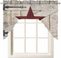 Village Stars Swag Kitchen Curtains Valance and Tier Set, Vintage Dark Red Star Beige Barn Doors Light-Filtering Swag Valance, Rod Pocket Short Curtain for Bedroom Cafe, 56x36 inches