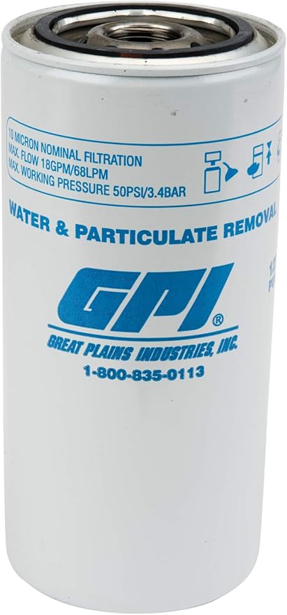 GPI PW-18-10-1 Water and Particulate Fuel Filter for use with Fuel Transfer Pumps up to 18 GPM (67 LPM), 10 Micron, 1-12 UNF Thread (GPI Genuine Accessory 129300-02)
