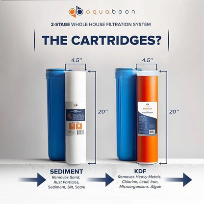 Aquaboon 2-Stage Whole House Water Filter System 20x4.5 inch with Prefilter & KDF, Sediment, Gauge & Release, Wrench, Freestanding Steel Frame