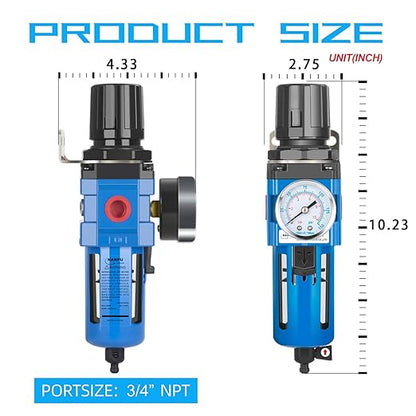 NANPU 3/4" NPT Compressed Air Filter Regulator Combo Piggyback, 5 Micron Brass Element, Poly Bowl, Manual Drain, Metal Bracket, 0-150 psi Gauge- AW4000-06M