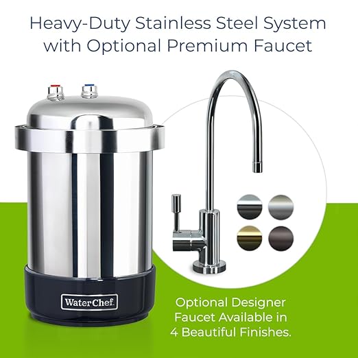 WaterChef U8500 Premium Under-Sink Water Filtration System & Designer Series Faucet (Chrome), NSF/ANSI Certified for 78 Contaminants, 600 Gal., Stainless, Made in USA