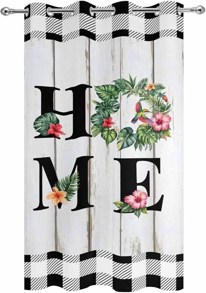 Summer Outdoor Curtains for Patio Leaves Garland Plumeria Wood Buffalo Plaid Waterproof Outside Curtains with Grommet Top Weatherproof Curtain for Cabana Pergola Gazebo, 1 Panel, 54" W x 95" L