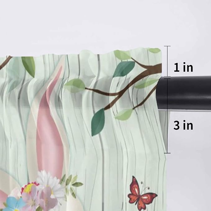 Easter Sheer Valances for Windows 54"x18", Light Filtering Kitchen Curtains Valance, Spring Watercolor Bunny Eggs Tulip Wooden Grain Teal Rod Pocket Chiffon Curtains for Living Room Bedroom Cafe