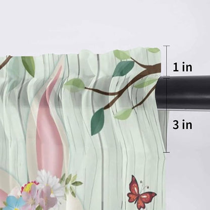 Easter Sheer Valances for Windows 42"x12", Light Filtering Kitchen Curtains Valance, Spring Watercolor Bunny Eggs Tulip Wooden Grain Teal Rod Pocket Chiffon Curtains for Living Room Bedroom Cafe