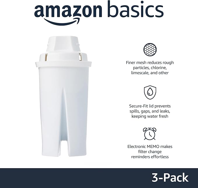 Amazon Basics Enhanced Replacement Water Filters for Water Pitchers, BPA-Free, WQA & NSF Certified, Compatible with Brita Water Pitchers & Drinking Water Filter Systems, 6 Month Filter Supply, 3-Pack