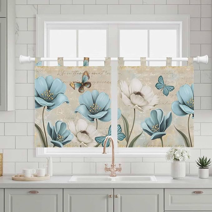 Spring Flowers Kitchen Curtains 24 Inch Length, Small Window Curtains Tab Top, Vintage Rustic Tulips Floral Butterfly Khaki Light Filtering Short Window Treatments Tier Drapes 27.5"x24" 2 Panel