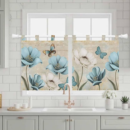 Spring Flowers Kitchen Curtains 24 Inch Length, Small Window Curtains Tab Top, Vintage Rustic Tulips Floral Butterfly Khaki Light Filtering Short Window Treatments Tier Drapes 27.5"x24" 2 Panel