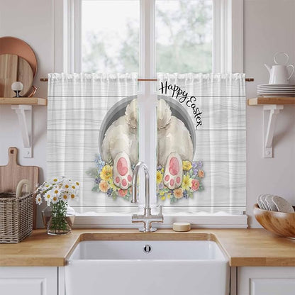 Easter Bunny Kitchen Tier Curtains 45 Inch Long 2 Panel Set,Rod Pocket Short Window Treatment,3D Optical Illusion Farmhouse Flower Wood Grain Light Filtering Curtains & Drapes 27.5"W x 45"L