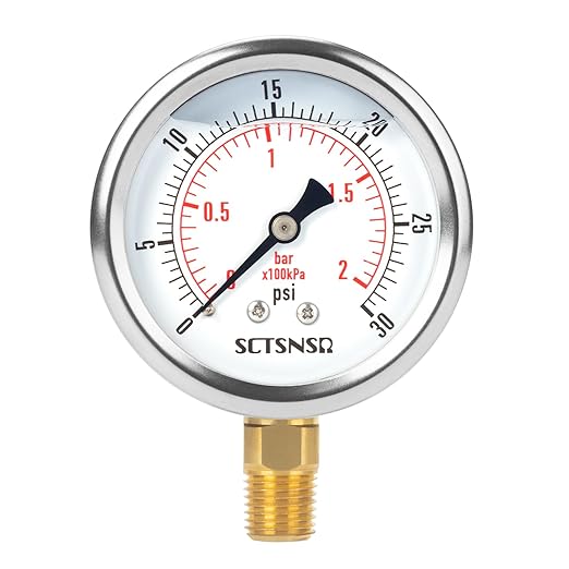 2-1/2" Dial Size, 0-30 Psi Low Pressure Gauge, Glycerin Liquid Filled, 1/4" NPT Lower Mount, Stainless Steel Case, for Water Tank, Pool Sand Filter, Coolant, CO2, Oil, Gas Pressure Test
