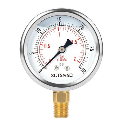 2-1/2" Dial Size, 0-30 Psi Low Pressure Gauge, Glycerin Liquid Filled, 1/4" NPT Lower Mount, Stainless Steel Case, for Water Tank, Pool Sand Filter, Coolant, CO2, Oil, Gas Pressure Test
