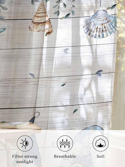 Sheer Curtains 108 Inches Long, Coastal Eucalyptus Leaf Semi Sheer Curtains Light Filtering Window Treatment, Ocean Blue Gnomes Starfish Wood Grain Privacy Voile Drapes for Living Room 52x108 Inch