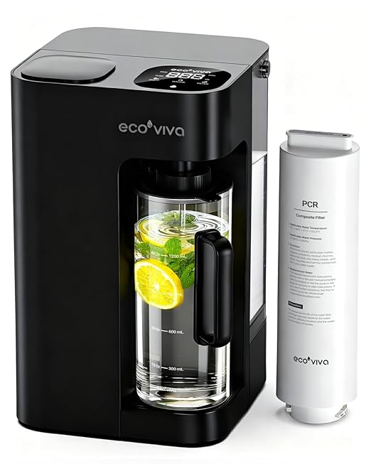 Ecoviva Mate 3 Countertop Reverse Osmosis Water Filter, 8-Stage RO Water Filtration System with 44oz Water Pitcher Smart Auto-Filling, NSF Certified Water Purifier, 3:1 Pure to Drain, Black
