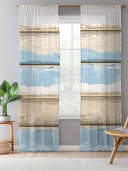 Sheer Curtains 84 Inches Long, Vintage Geometric Blue Semi Sheer Curtains Light Filtering Window Treatment, Abstract Country Shabby Wood Grain Privacy Voile Drapes for Living Room Bedroom 52x84 Inch