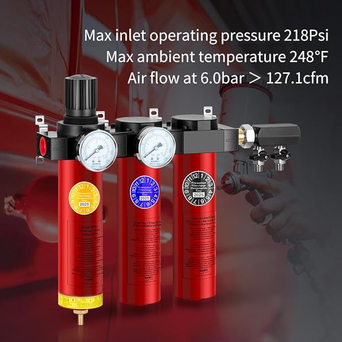 NANPU Z Series 3-Stage Air Filtration System - Sintered, Fine, & Charcoal Filters, 3/8" NPT Inlet, 1/4" NPT Outlet Module, 0-230 psi Gauge, 127 CFM @ 6 bar, Metal Housing, Heat Resistant to 248°F