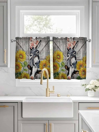 Farmhouse Half Window Curtains 24 Inches Long, Vintage Sunflowers Animals Printed Wood Grain Window Treatment Curtain Drapes, Short Curtains Tiers for Kitchen Over Sink, 27.5"x24", 2 Panels