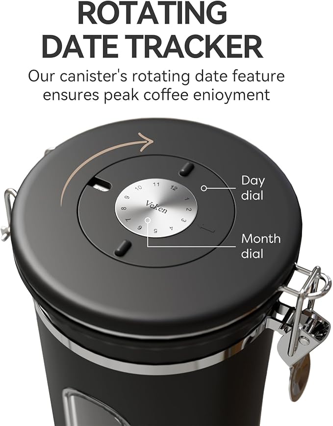 Veken Coffee Canister with Window,Airtight Stainless Steel Pantry Container,Home Kitchen Food Storage Organizers for Ground,Beans,Espresso,Rice,Tea,Sugar,Cereal, Decor,Bar Accessories,Gifts,22OZ,Black