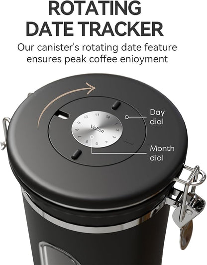 Veken Coffee Canister with Window,Airtight Stainless Steel Pantry Container,Home Kitchen Food Storage Organizers for Ground,Beans,Espresso,Rice,Tea,Sugar,Cereal, Decor,Bar Accessories,Gifts,22OZ,Black
