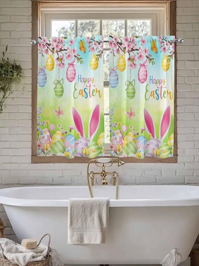 Easter Kitchen Curtains 45 Inches length, Spring Bunny Colorful Rabbit Eggs Butterfly Blue Green Window Treatment Curtain Drapes, Lightweight Window Panels for Living Room Bedroom, 52"x45", 2 Panels