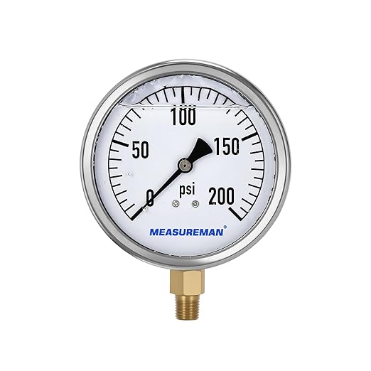 MEASUREMAN Glycerin Filled Plumbing Pressure Gauge 0-200psi Stainless Steel Case, 4" Dial 1/4" NPT Brass Lower Mount, Suitable for Pneumatic Tools, Water Filtration & Industrial Hydraulic Systems