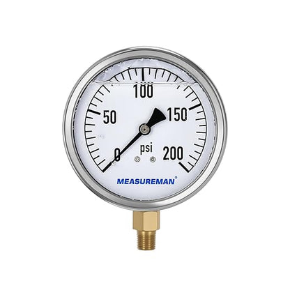 MEASUREMAN Glycerin Filled Plumbing Pressure Gauge 0-200psi Stainless Steel Case, 4" Dial 1/4" NPT Brass Lower Mount, Suitable for Pneumatic Tools, Water Filtration & Industrial Hydraulic Systems