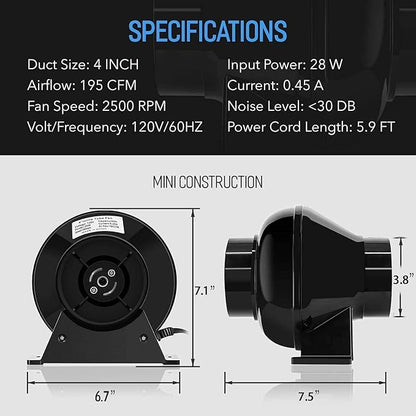 iPower 4 Inch 195 CFM Inline Fan Vent Blower, Upgrade Air Carbon Filter, 8 Feet Aluminum Ducting and Rope Hanger, Combo for Grow Tent Ventilation