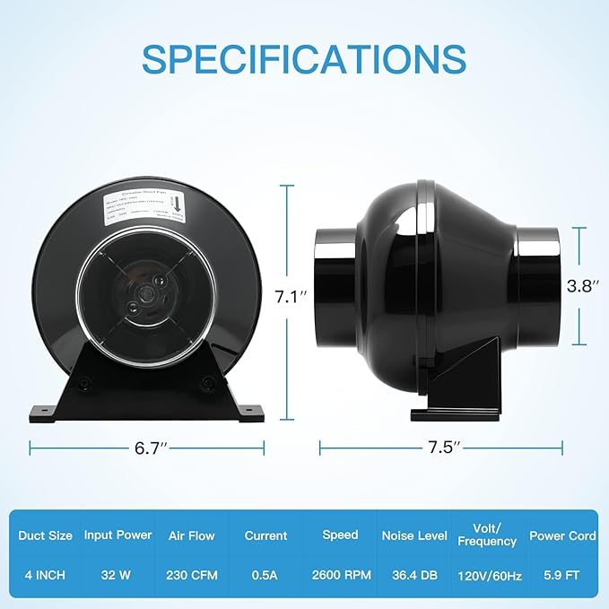 iPower 4 Inch 195 CFM Inline Fan Circulation Vent Blower, Upgrade 4" Air Carbon Filter with Prefilter and 8 Feet Aluminum Ducting, for Grow Tent Hydroponics Ventilation