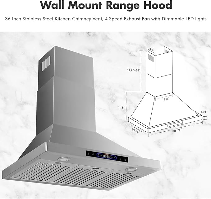 36 inch Wall Mount Range Hood Convertible Vent with Permanent Baffle Filters 800CFM Stainless Steel for Kitchen Gesture Sensing & Touch Control, 4 Speed Exhaust Fan, ETL listed (36 inch)