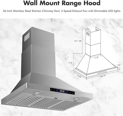 36 inch Wall Mount Range Hood Convertible Vent with Permanent Baffle Filters 800CFM Stainless Steel for Kitchen Gesture Sensing & Touch Control, 4 Speed Exhaust Fan, ETL listed (36 inch)