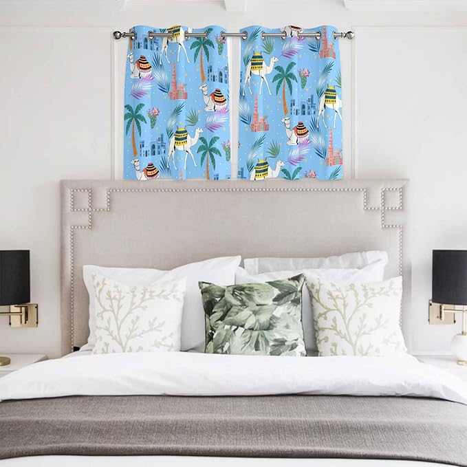 2 Panel Kitchen Cafe Curtains, Desert Landscape Sunlight Filtering Nature Air Through, Window Decor Tier Curtains for Living Room 104W x 52L inch Cute Camels Palm Trees Houses Leaves Blue