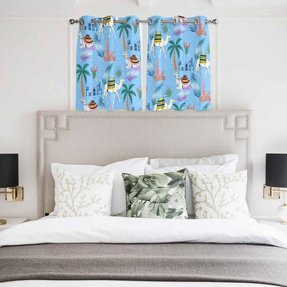 2 Panel Kitchen Cafe Curtains, Desert Landscape Sunlight Filtering Nature Air Through, Home Decor Window Covering Tier Curtains for Bedroom Living Room Cute Camels Palm Trees Houses Leaves Blue