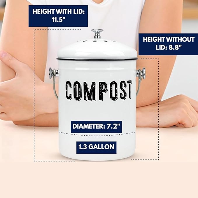 Granrosi Countertop Compost Bin Kitchen - 1.3 Gal Indoor Compost Bucket with Lid for Kitchen, Farmhouse Rust Proof & Odorless Composter Bin for Countertop, 3 Charcoal Filters