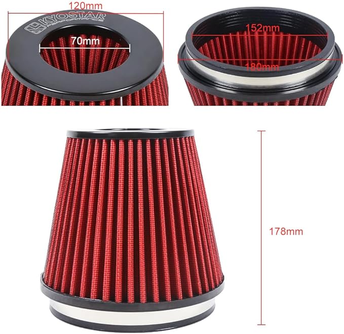 Universal 6" 152mm igh-Flow Air Filter, Reusable Cone Cold Air Intake, High Performance, Washable, Clamp-On Car High Flow Air Kit, Flange Diameter: 6 Inch, Filter Height: 7 Inch, Red