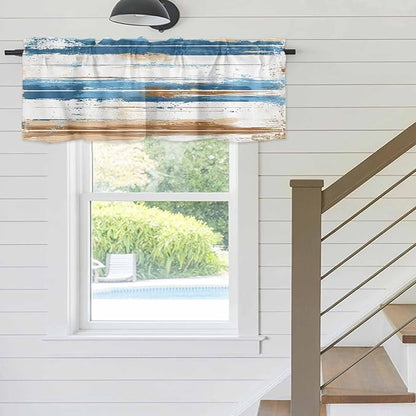 Vintage Blue Valances for Windows, Brown Wood Grain Mottled Texture Abstract Art Kitchen Valance Light Filtering Rod Pocket Short Curtains for Kitchen Bathroom, 1 Panel, 60"x14"