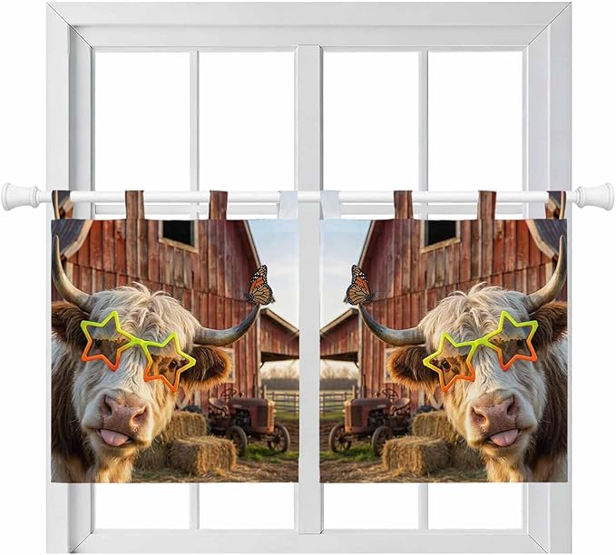 Farm Yaks Kitchen Curtains 36 Inch Length, Small Window Curtains Tab Top, Farmhouse Barn Funny Animals Butterfly Light Filtering Short Window Treatments Tier Drapes 27.5"x36" 2 Panel